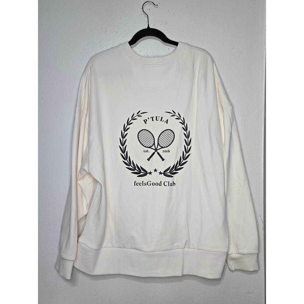 PTula Graphic Crewneck Sweatshirt Cream White Large Casual Pockets Oversized - Picture 5 of 9